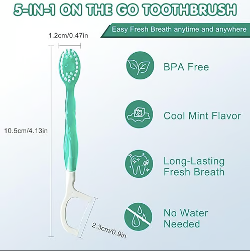 5 in 1 Mini Toothbrush & Floss & Tongue Scraper & Toothpick Set (Pack of 24)