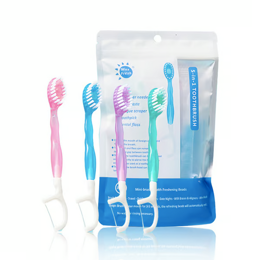 5 in 1 Mini Toothbrush & Floss & Tongue Scraper & Toothpick Set (Pack of 24)