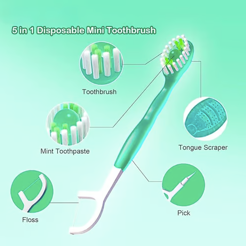 5 in 1 Mini Toothbrush & Floss & Tongue Scraper & Toothpick Set (Pack of 24)
