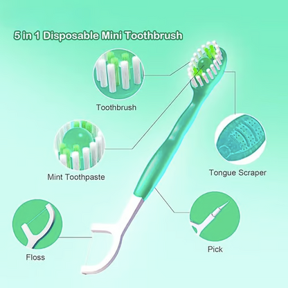 5 in 1 Mini Toothbrush & Floss & Tongue Scraper & Toothpick Set (Pack of 24)